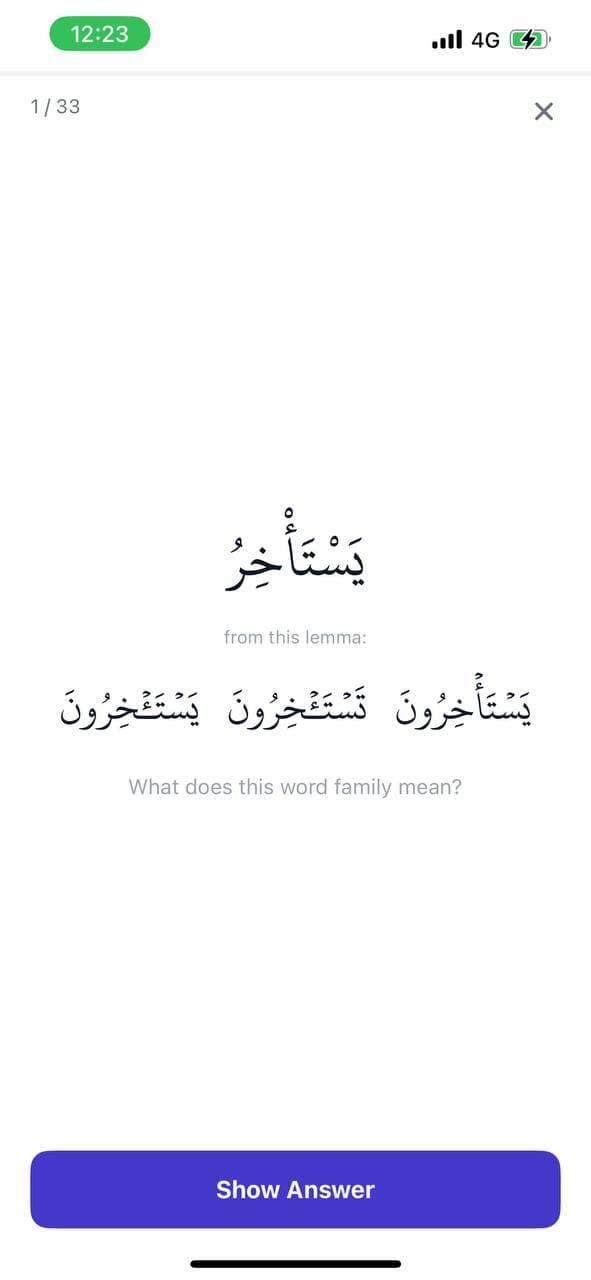 Flashcard asking what a word family means with a Show Answer button